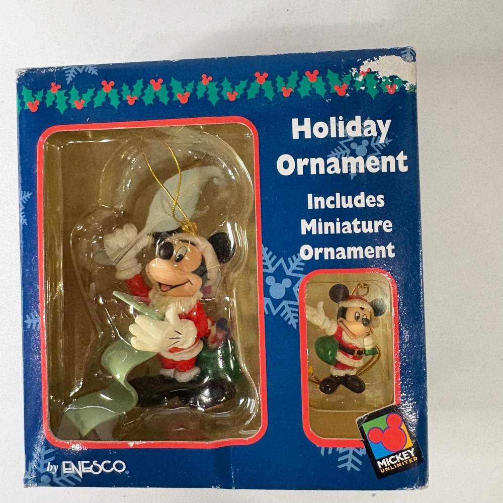 Vintage Disney Mickey Mouse Santa Enesco Holiday Ornament Set with Miniature